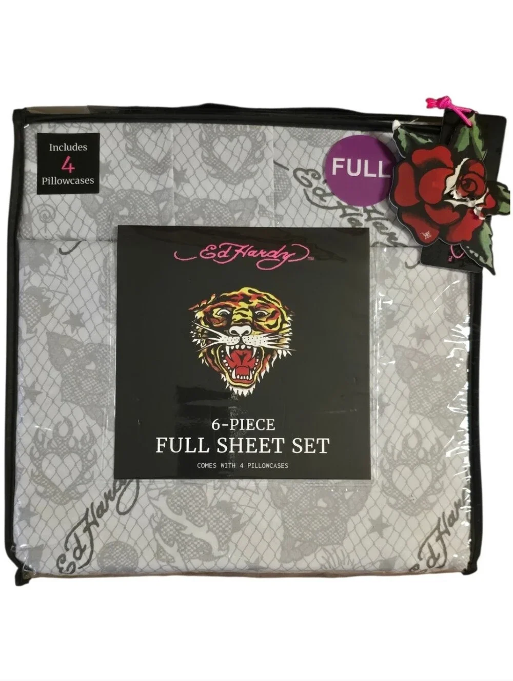 Ed Hardy 6 Piece White And Grey Tattoo Full Sheet Set. NWT